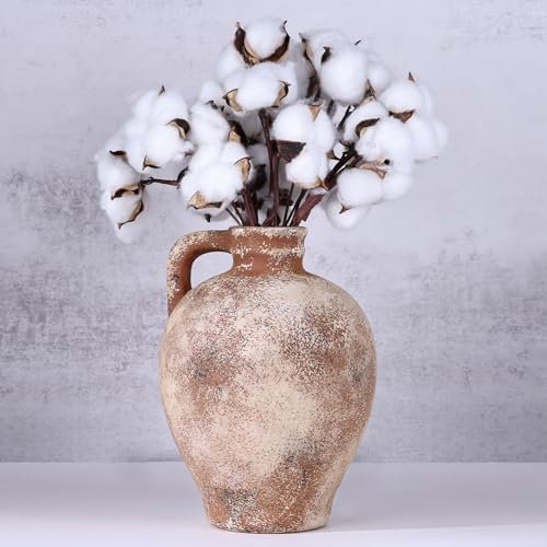 Jarrón Rústico con Asas de 22,6 cm, Florero Farmhouse para Decoración del Hogar, Jarrón de Terracota y Vintage, Jarrón de Piedra Vintage Adecuado para Sala de Estar, Estantería y Mesa de Comedor