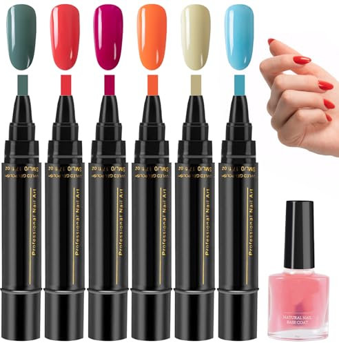 MADGININE Nail Polish Pens 6 Pcs Nail Varnish Pens, 3 In 1 Gel Nail Polish Pen, Portable Nail Pens Polish, One Step DIY Nail Gel Pen Brush, Soak Off UV LED Nail Varnish Nail Tools for Women Girls
