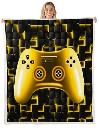 Jeux pour Enfants Console Couverture Garçons 75x100cm Jeux Plaid Canape Or Noir Géométrique Console de Jeu Grille Couverture Canape Jeux Vidéo pour Hommes Adolescents Couverture Polaire Doux Léger