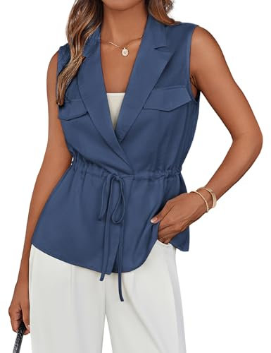 GRACE KARIN Gilet d'été pour femme, sans manches, moulant, pour bureau, décontracté, avec cordon de serrage, Bleu jeans, XL