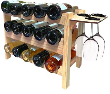 LA Fortnight Wine Rack – Wooden Wine Box Capacity 15 Bottles on 3 Floors, Customisation Possibility [Wine Bottle Holder] (1, with Glass Holder)