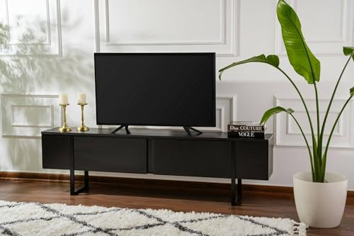 Dmora - Fernsehschrank Gussola, Ständer für Wohnzimmerfernseher, Niedriges Wohnzimmer-Sideboard, TV-Ständerbasis, 180x30 h50 cm, Schwarz