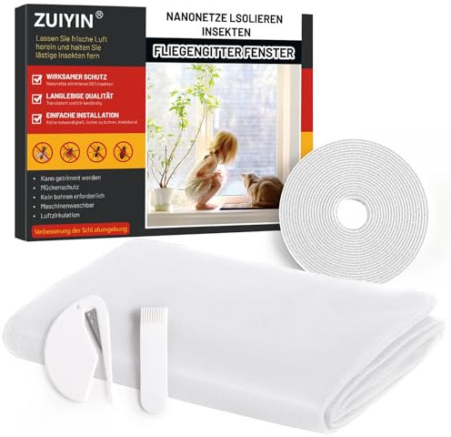 ZUIYIN Fliegengitter für Fenster (1 Stück | 130 x 150 cm | weiß) Zuschneidbarer ohne Bohren Insektenschutz mit NexGen 2.0 Hochleistungs-Klebkraft Klettband, Mückennetz für Fenster