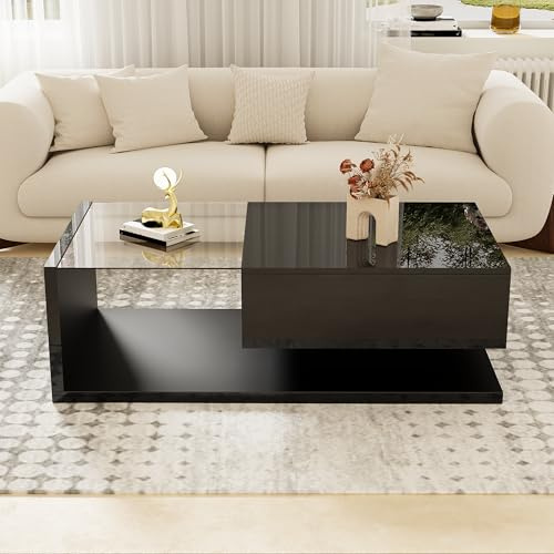 Physport Coffee table, black, Side tables, coffee tables with glass and LED, Elegant design, Practical storage space, Sturdy construction, 105 * 55 * 32.5cm