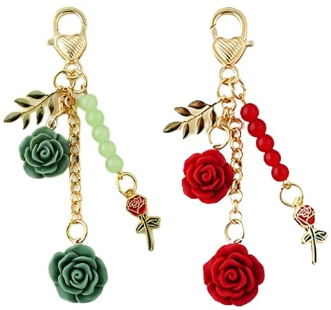 Lot de 2 Porte-clés Roses avec Pendentifs Fleurs, Breloques Camélia Porte Clé avec Chaîne à Pompons, Accessoires pour Sac à main, Cadeau de Saint-Valentin