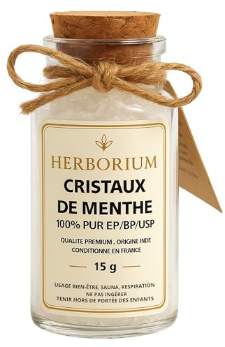 Herborium Cristaux de Menthe Naturels 100% Purs 15g Gros Cristaux | Menthol Brut, Pureté Optimale, Inhalation, Sauna, Rhume, DIY Cosmétique, Effet Glacial Intense