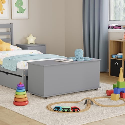 Vida Designs Leon Toy Box, Wooden Children's Storage Chest with Lid, Covers and Blankets, Kids Tidy Bin (Grey)