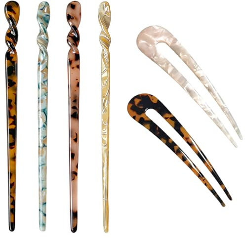 VEOIRXU 6 Piezas Palillos para el Cabello Pinzas Francesas para el Cabello en Forma de U Clips para Palillos Vintage Tocado de Carey con Estampado de Leopardo Horquillas Largas Chinas Mujeres Niñas