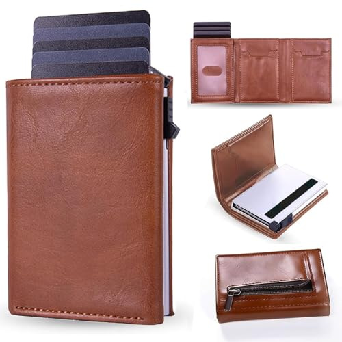 Renyigou Mens Wallets;Wallet Aluminum Frame Pop Up Mens Wallet with Premium Leather RFID Blocking Card Holder Slim Design Includes Coin Pocket ID Window and Cash Slot Daily Carry (Brown)