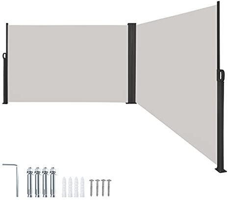 Ferzone 180 x 600cm Double Paravent Exterieur, Aluminium Auvent Latéral Rétractable et Opaque, Brise-Vue pour Jardin, Balcon&Terrasse, Store Latéral avec Protection Solaire, Gris Clair