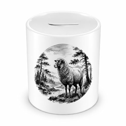 Samunshi® Spardose mit dem Motiv Schaf in der Wildnis - Spardose für Schaf Fans Sparschwein mit Tier Motiv Sparbüchse Cash Money Geld weiß 330ml
