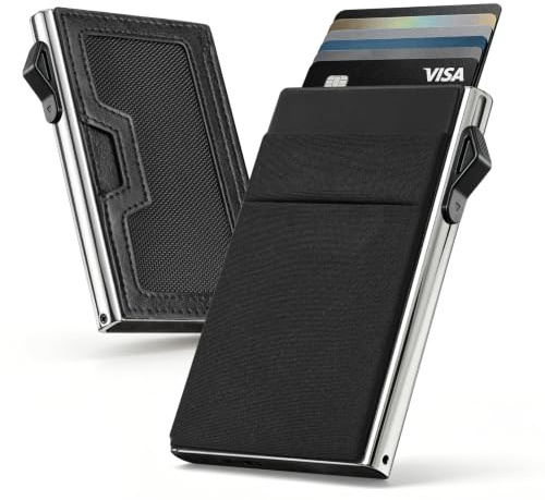 Porte Carte Homme Bauhaus - Slim Portefeuille Aluminium Blocage RFID NFC - Porte Cartes Crédit Éjection Rapide 6-7 Cartes - Pochette Lycra Originale Pièces Billets - Porte-ID Fenêtre - Cadeau Homme