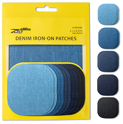ZEFFFKA Denim Iron-on Jean Patches Inside & Outside Strongest Glue 100% Cotton Assorted Shades of Blue Black Repair Decorating Kit 10 Pieces Size 4-1/4 by 3-3/4 (9.8 cm x 10.8 cm)