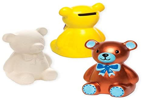 Baker Ross AC800 Teddy Bear Piggy Bank - Pack of 2, Ceramic Coin Tin for Kids to Paint, Decorate and Display, Great for Teachers, Classrooms, or Children's Clubs