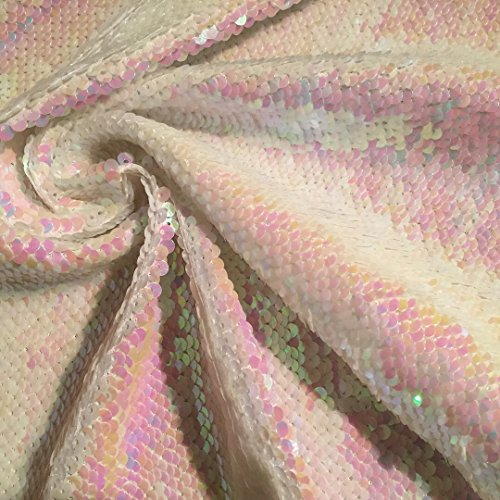 LushFabric Tessuto paillettes reversibile da 5 mm, materiale con paillettes a fodera di sirena - rosa e bianco iridescente largo -140 cm (venduto da 0,5 m)