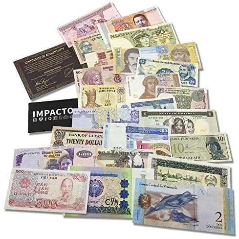 IMPACTO COLECCIONABLES | Sammlung von 25 echten Banknoten aus 25 verschiedenen Ländern – Keine Duplikate, demonetisiert und original | Perfekt für Sammler, inkl. Echtheitszertifikat