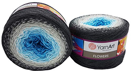 YarnArt Flowers 500 Gramm Bobbel Wolle Farbverlauf, 55% Baumwolle, Bobble Strickwolle Mehrfarbig (grün türkis weiß 251)
