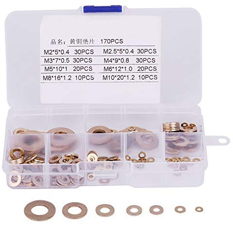 Rondelle per bulloni, 180 pezzi M2 / M2.5 / M3 / M4 / M5 / M6 / M8 / M10 Set di rondelle piatte in ottone con assortimento di scatole
