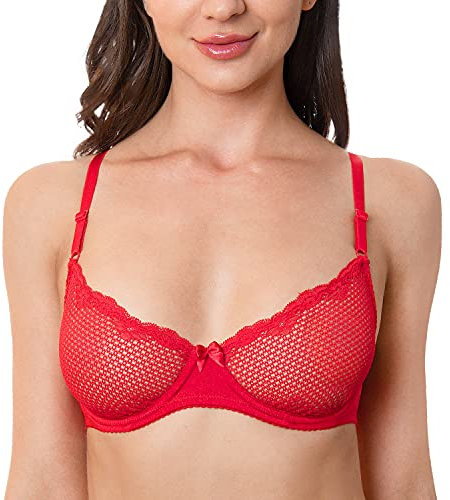 WingsLove Sexy Bra Sheer Wired See Through Soft 1/2 Half Demi Cup Unlined Bralette Lace Mesh (Lava Red 38D)