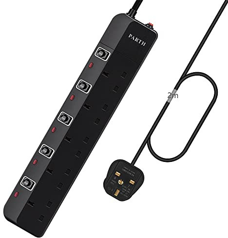 PARTH Surge Protected Extension Lead 2M Black Extension Cable - 5 Gang Multi Plug Extension Socket with Switches - 2 Metre Long Cord - Wall Mounted 5 Way Power Strip Surge Protector 3250W/13A