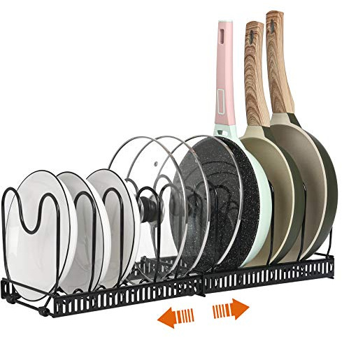 ROOHUA Pot Rack -Expandable Pan Organizer for Cabinet, Lid Holder with 10 Adjustable Compartment for Kitchen Cabinet Cookware Baking Frying Rack