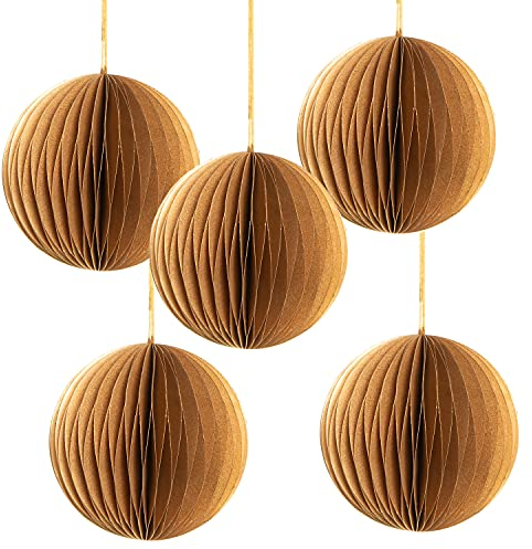 Logbuch-Verlag 5 Papier Weihnachtskugeln Gold braun zum Aufhängen Christbaumkugeln Papierkugeln als Christbaumschmuck Weihnachtsdeko hängend