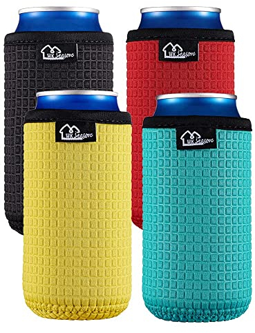 WK IEASON 16oz Standard Can Sleeves Insulators Neoprene Standard Can Covers Coolers Holder Non-slip Neoprene Can Coolie Beer Bottle Sleeves 4PC Pack(16OZ, Black/Red/Yellow/Blue)