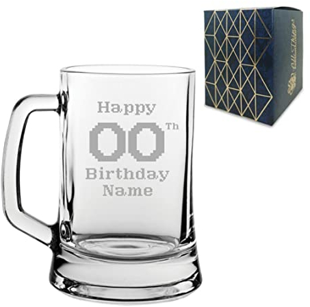 Personalised Engraved Tankard Beer Mug Stein Happy 20,30,40,50... Birthday Pixelated Design, 16.75oz/495ml Classic Beer Glass, Any Name, Engraved in The UK