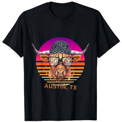 Texas Funny Retro Hipster Longhorn Kuh mit Beanie T-Shirt