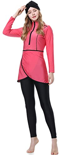 OBEEII Muslimische Bademode für Frauen Modest Solid Color Bademode Islamische Bademode Hijab Burkini Tankini Bademode, 3-teiliger Muslimischer Badeanzug für Frauen Rosa C 3XL