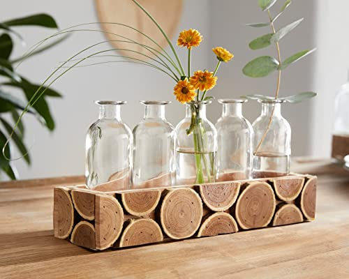 Dekoleidenschaft Vasenboard Holzscheiben aus Holz mit 5 Vasen aus Glas, Blumenvase, Tischvase, Vasenset in Flaschenform, Dekovase, Glasvase, Minivasen