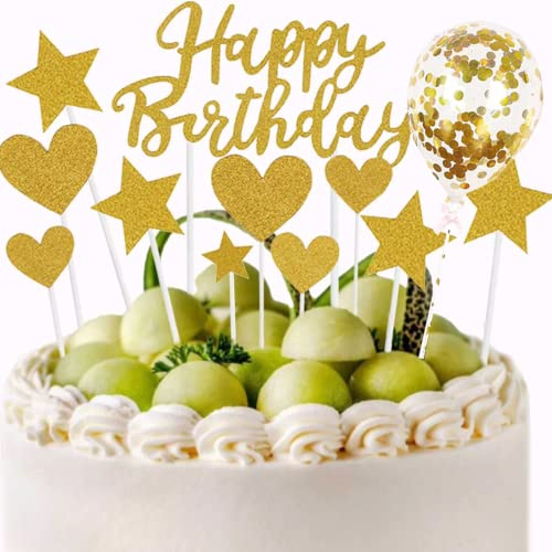 11PCS Geburtstag Tortendeko Probuk Wiederverwendbar Glitzer Goldene Cake Topper Kuchenfahne mit Herz Stern Caketopper&Konfetti Ballons,Partydekoration für Geburtstags/Hauspartys/Weihnachtsfeiern