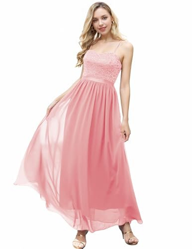 DRESSTELLS Robe de Soirée Longue Femme avec Bretelles Réglables et Dentelle Florale, Robe de Demoiselle d'honneur Élégante et Confortable pour Mariage, Bal et Autres Occasions Rose Poussiéreux S