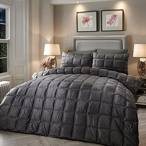 Soiree Slate Grey Velvet Duvet Cover Set – King Size 230x220cm – 2 Pillowcases – Box Stitched Design – Soft Luxury Bedding – Square Pattern – Reversible Grey Velvet Bed Linen – Hotel Style
