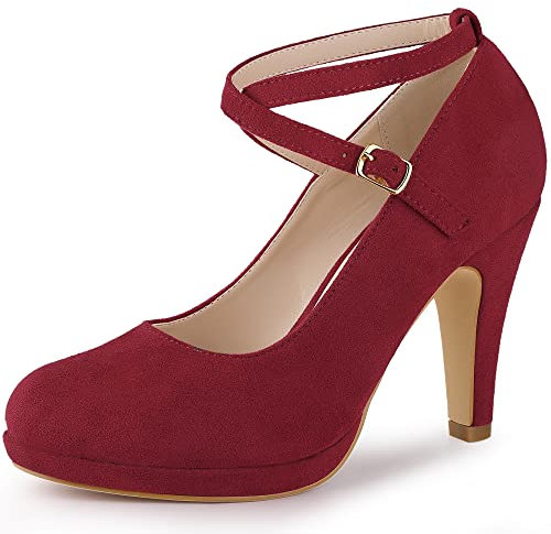 Allegra K Women's Platform Cross Strap Stiletto Heels Mary Jane Pumps Burgundy 5.5 UK/Label Size 8 US