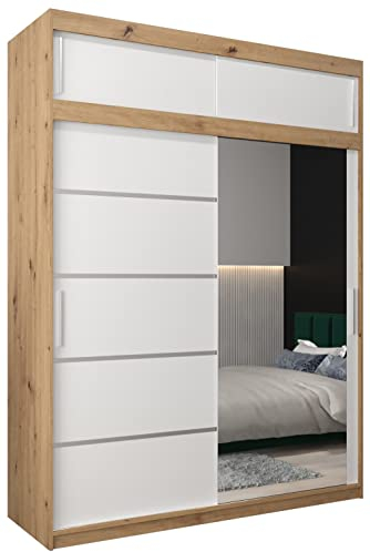MEBLE KRYSPOL Kleiderschrank mit Spiegel Verona 2 - Garderobenschrank - Schrank Schlafzimmer - Mehrzweckschrank Zwei Schiebetüren - Regalen - Flur Möbel - Kleiderstange Schrank - Allzweckschrank