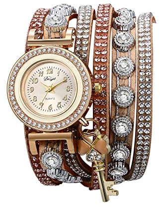 JewelryWe Armbanduhr Damen Böhmisch Retro Strass Glitzer Analog Quarz Beiläufige Uhr Damenuhr mit Geflochten Leder Armband Wickelarmband und Kleeblatt Schlüssel Anhänger, Hellbraun