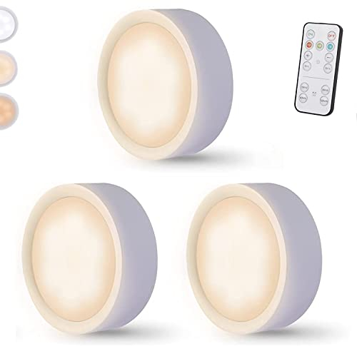 Wireless Under Cabinet Lighting Battery Operated,LED Puck Lights with Remote Control,3 Color Dimmable Timing Function Push Lights Ideal for Kitchen Cabinets, Bedrooms, Closets, Garage and More 3 Pack