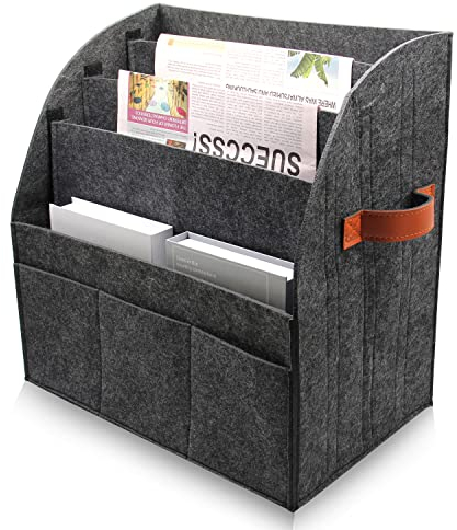 Zeitschriftensammler,faltbarer großer Filz Zeitungsständer, abnehmbare 4-Lagen-Trennwand, externe 3-kleine Taschen, Gläser und Telefonablagefläche, Größe 40x40x25cm