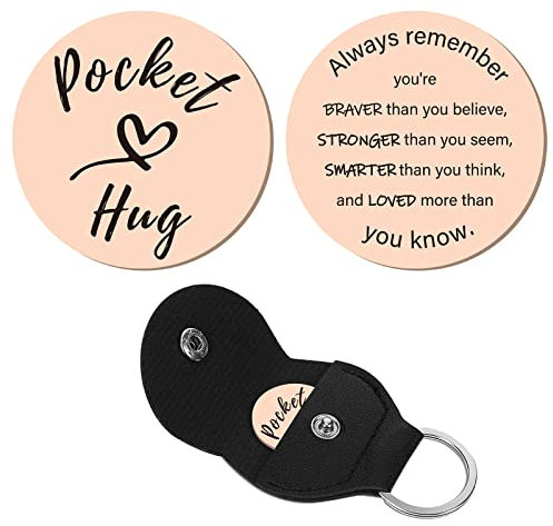 CREATCABIN 1 Set Pocket Hug Token Heart Pattern Long Distance Relationship Keepsake Keychain Stainless Steel Double Sided with PU Leather Keychain Gift for Family Friends 1.2Inch(Rose Gold)