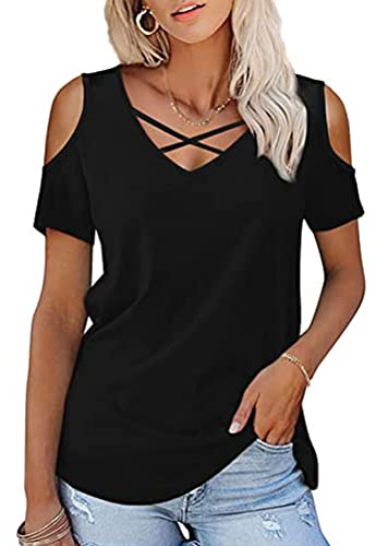 FFWTPY Blusa Mujer Hombros Descubiertos Camiseta Manga Corta Cuello V Cruzado Top Verano Elegante Blusas Casual Camisetas Basica Ropa Moda Primavera