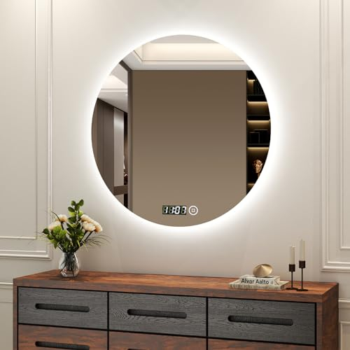 Boromal Badspiegel Rund 60cm Badezimmerspiegel mit Uhr und Beleuchtung 3 Lichtfarbe Dimmbar 3000-6500K 2060LM Kaltweiß Neutral Warmweiß Wandspiegel Lichtspiegel LED Spiegel mit Touch Schalter, Uhr