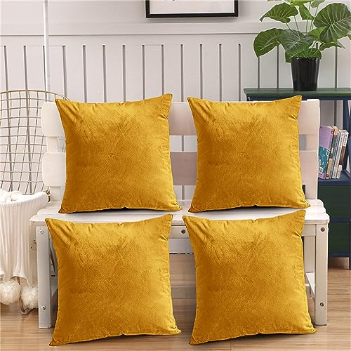 Oxford Homeware Ochre Cushion Covers 45 x 45 Cm (Pack of 4) Decorative Velvet Cushions Cover for Living Room Sofa Bedroom with Invisible Zipper, 18'' x 18''