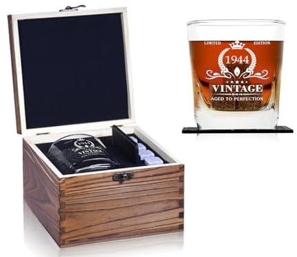 Cadeau d'anniversaire pour homme – Verre à whisky vintage 1944 et pierres en bois – Cadeau amusant pour papa, mari, frère – Idées cadeaux pour les enfants de 81 ans – Décorations d'anniversaire
