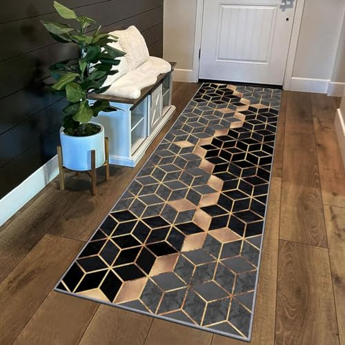 Siunwdiy Teppich Läufer Flur Küche rutschfest Waschbar Grau/Gold/Schwarzer Küchenläufer Lang Geometrischer Korridor -Teppichläufer Küchenteppich Meterware Anpassbar,Diamond 8,110x300cm
