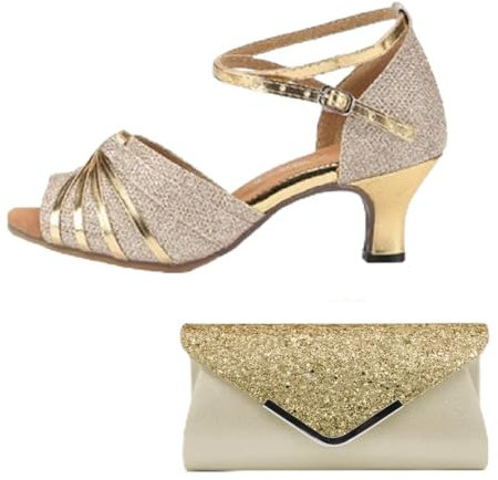 XZEIT Women's Latin Shoes and Clutches & Evening Bag Set Prom Professional Rumba Sequins Heel Solid Color High Heel Peep Toe Buckle Adults',Gold,4.5 UK, 65814967-GOLD-36E