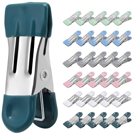 Wäscheklammern aus Metall, robust, 5,5 cm, 30 Stück, Wäscheklammern zum Trocknen von Fotos, Wäscheleine, Wäscheleine, Beutelklammern für Lebensmittel, Küche, Edelstahl mit Gummi, 6 Farben