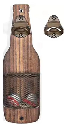 Abrebotellas de madera a pared sin taladros, con cesta extraíble de chapas para reciclar fácilmente. Medidas 33 cm x 9.5 cm x 1.5cm. Con abridor extra y adhesivos de doble cara. ABRIDOR de bottellas
