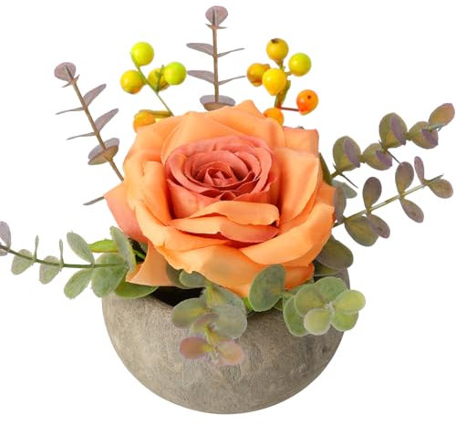 JUSTOYOU künstliche Rose Blume mit Topf, Kombination aus gefälschter Seidenrose und Grün, kleine künstliche Pflanze mit Eukalyptusblättern für Schlafzimmer, Bücherregal Dekorationen(1, braune Rose)