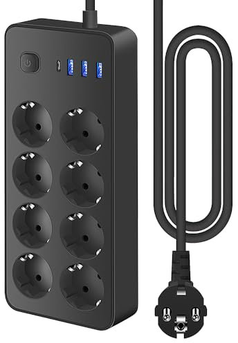 Lotvic Regleta Enchufes, Enchufe Multiple, Regletas Enchufes, Proteccion Sobretension con 8 Toma de Corriente y 4 Puertos(5V 2A) Estación de Carga Inteligente Tomas Alargadora con Cable 1,8m Negro